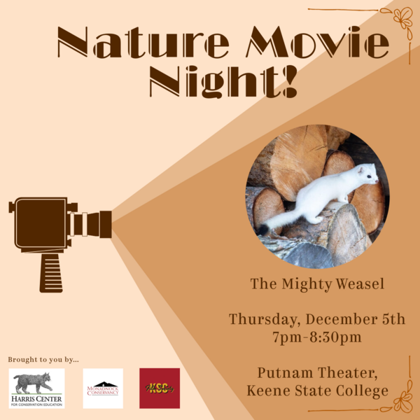 A flyer showing a movie camera. The text reads "Nature Movie Night! The Mighty Weasel, thursday, December 5th, Putnam Theater, Keene State College"