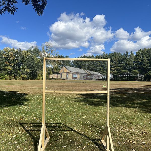HQ forced perspective This image shows a mock up design of our new headquarters, placed in its approximate position adjacent to Ashuelot River Park.