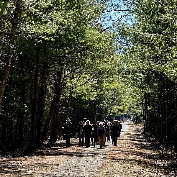 a picture of a group of people walking on a trail in New Hampshire. 